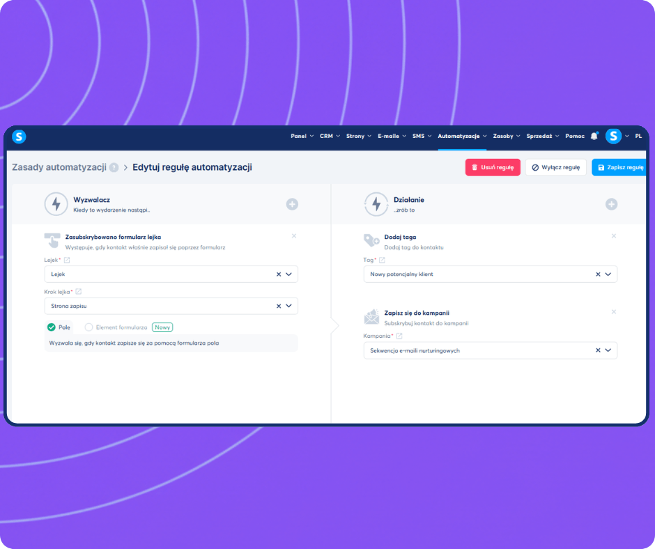 systeme.io automation builder showing trigger-based workflow to tag new leads and subscribe contacts to an email campaign