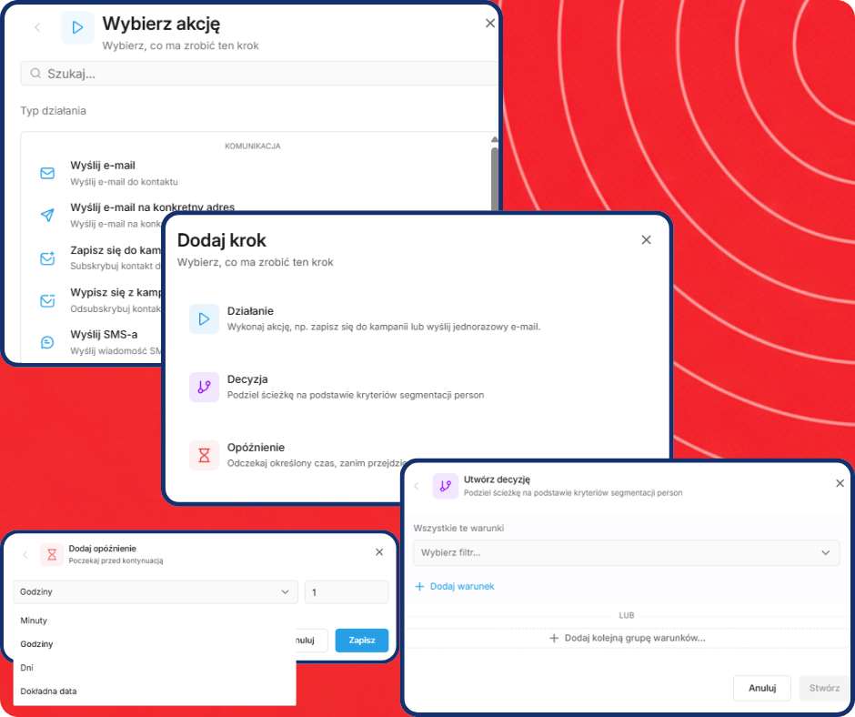 Visual workflow automation builder in systeme.io showing a funnel where a subscriber receives emails, waits, and is routed through different paths based on their actions.