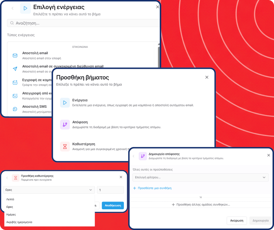 Visual workflow automation builder in systeme.io showing a funnel where a subscriber receives emails, waits, and is routed through different paths based on their actions.