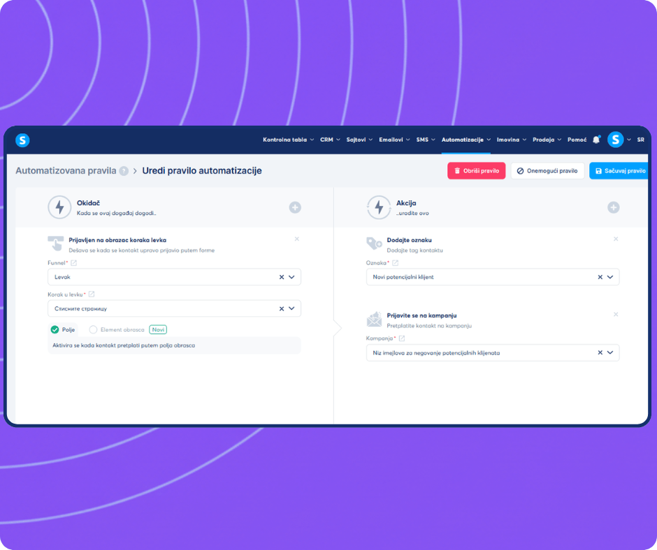 systeme.io automation builder showing trigger-based workflow to tag new leads and subscribe contacts to an email campaign