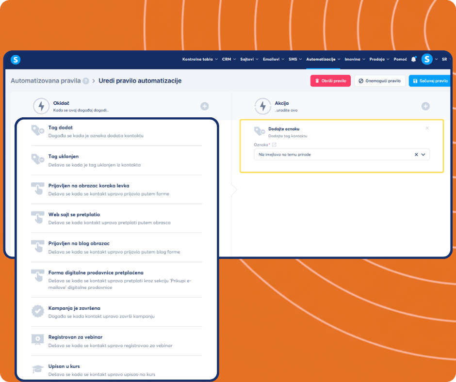 systeme.io automation builder showing trigger selection and tagging workflow to segment contacts and manage leads