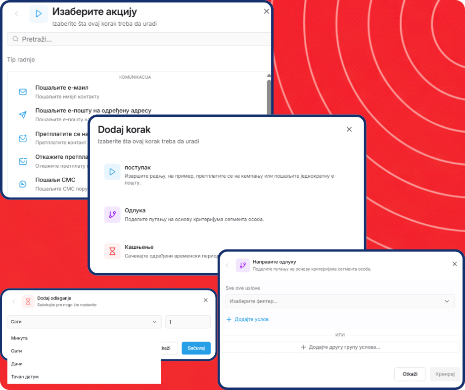 Visual workflow automation builder in systeme.io showing a funnel where a subscriber receives emails, waits, and is routed through different paths based on their actions.