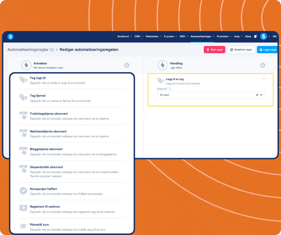 systeme.io automation builder showing trigger selection and tagging workflow to segment contacts and manage leads