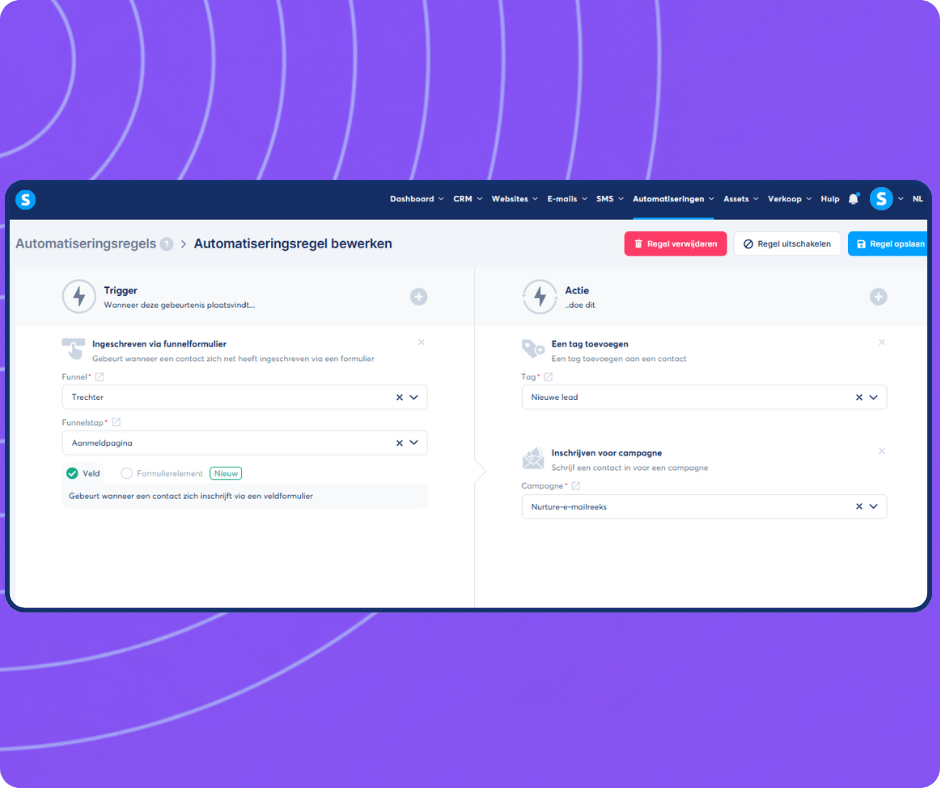 systeme.io automation builder showing trigger-based workflow to tag new leads and subscribe contacts to an email campaign