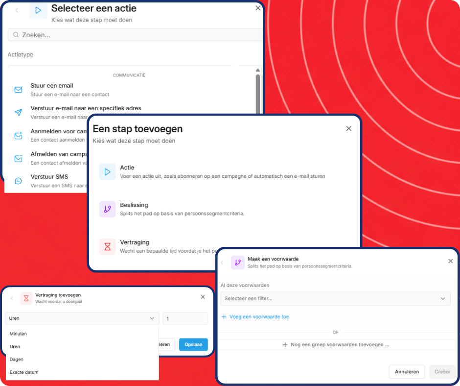 Visual workflow automation builder in systeme.io showing a funnel where a subscriber receives emails, waits, and is routed through different paths based on their actions.