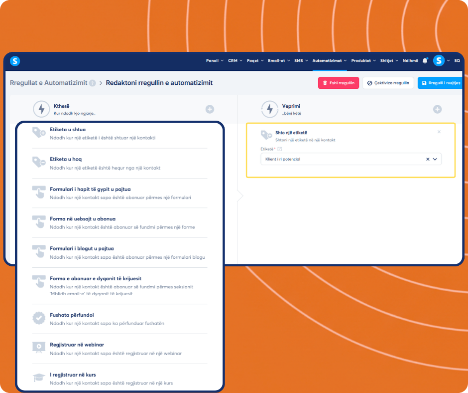systeme.io automation builder showing trigger selection and tagging workflow to segment contacts and manage leads