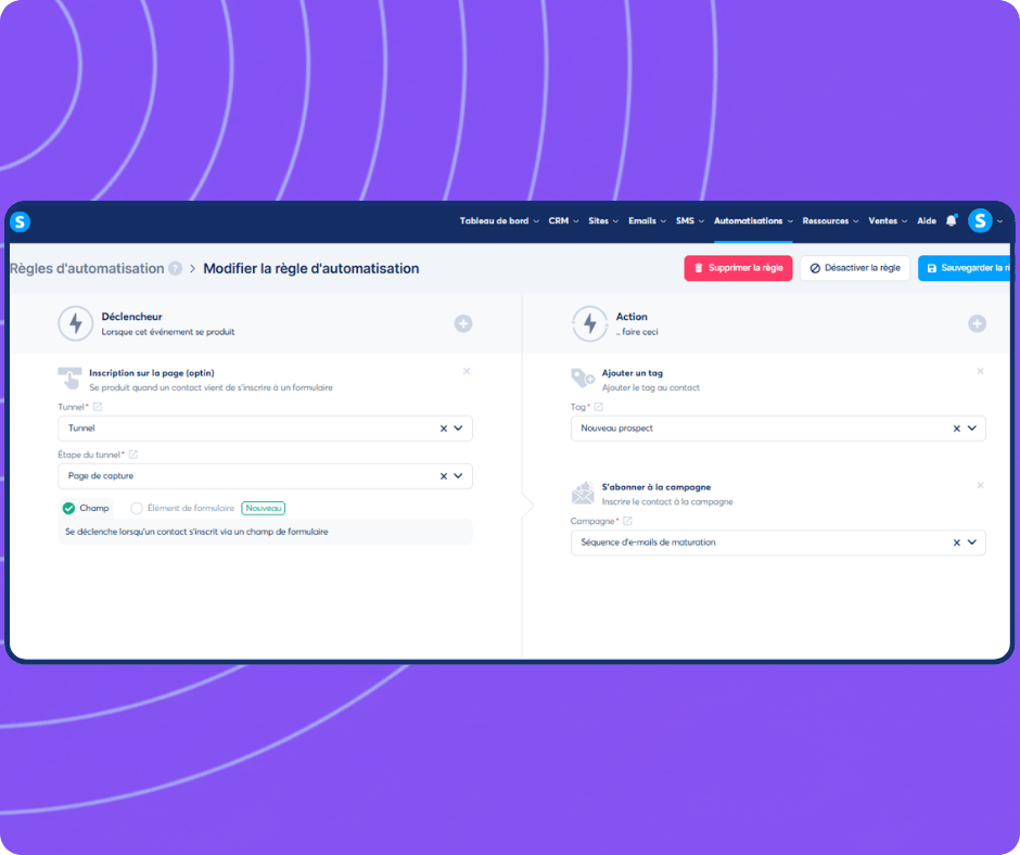 systeme.io automation builder showing trigger-based workflow to tag new leads and subscribe contacts to an email campaign