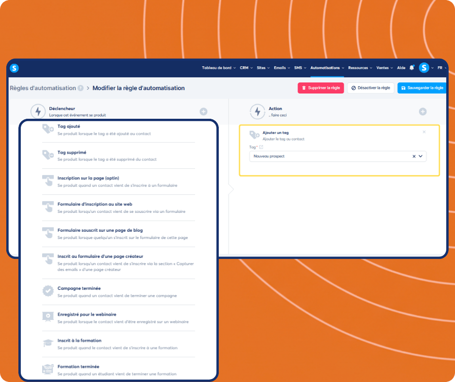 systeme.io automation builder showing trigger selection and tagging workflow to segment contacts and manage leads