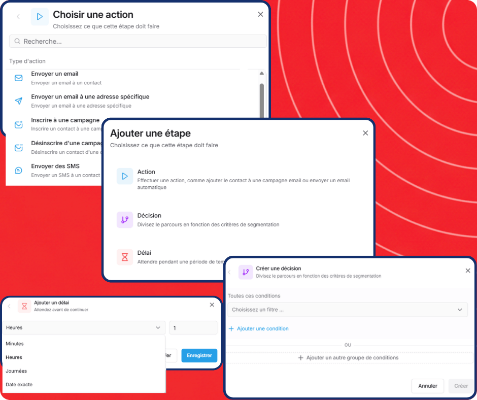 Visual workflow automation builder in systeme.io showing a funnel where a subscriber receives emails, waits, and is routed through different paths based on their actions.