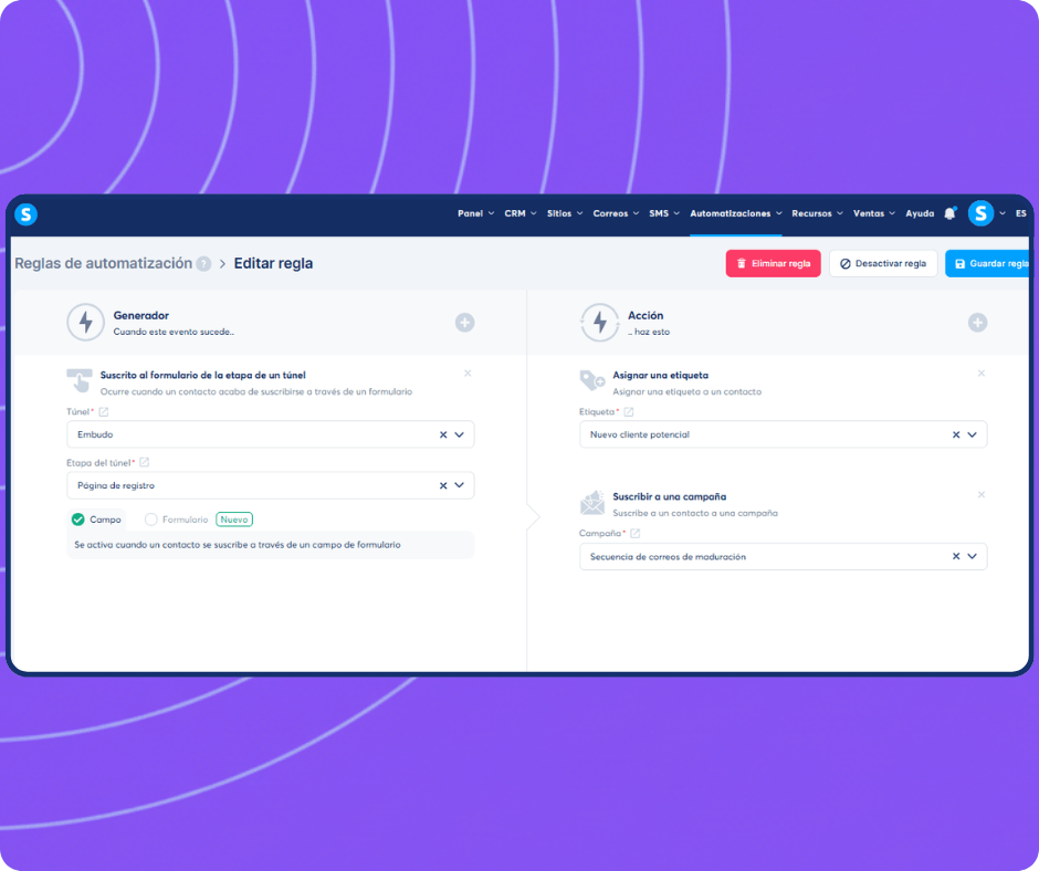 systeme.io automation builder showing trigger-based workflow to tag new leads and subscribe contacts to an email campaign