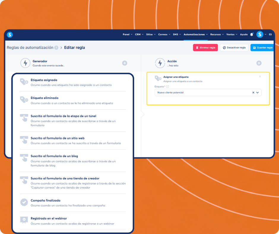 systeme.io automation builder showing trigger selection and tagging workflow to segment contacts and manage leads