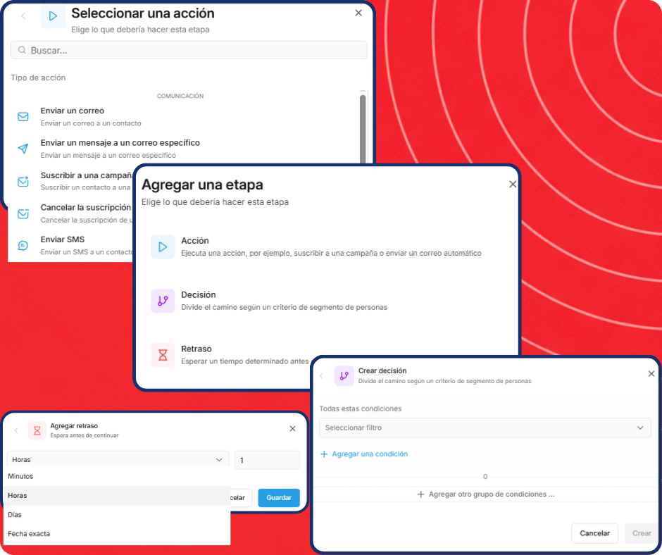 Visual workflow automation builder in systeme.io showing a funnel where a subscriber receives emails, waits, and is routed through different paths based on their actions.