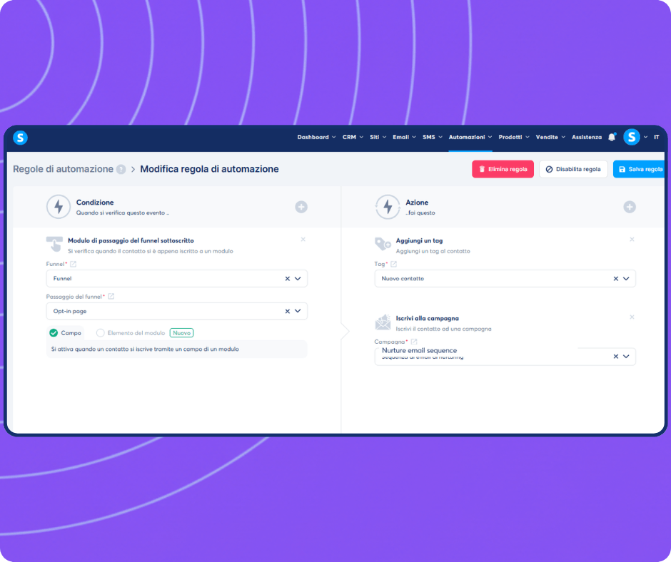 systeme.io automation builder showing trigger-based workflow to tag new leads and subscribe contacts to an email campaign