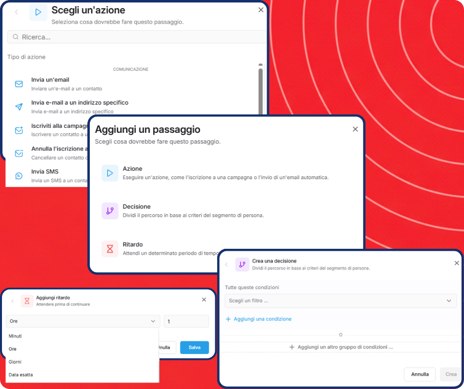 Visual workflow automation builder in systeme.io showing a funnel where a subscriber receives emails, waits, and is routed through different paths based on their actions.