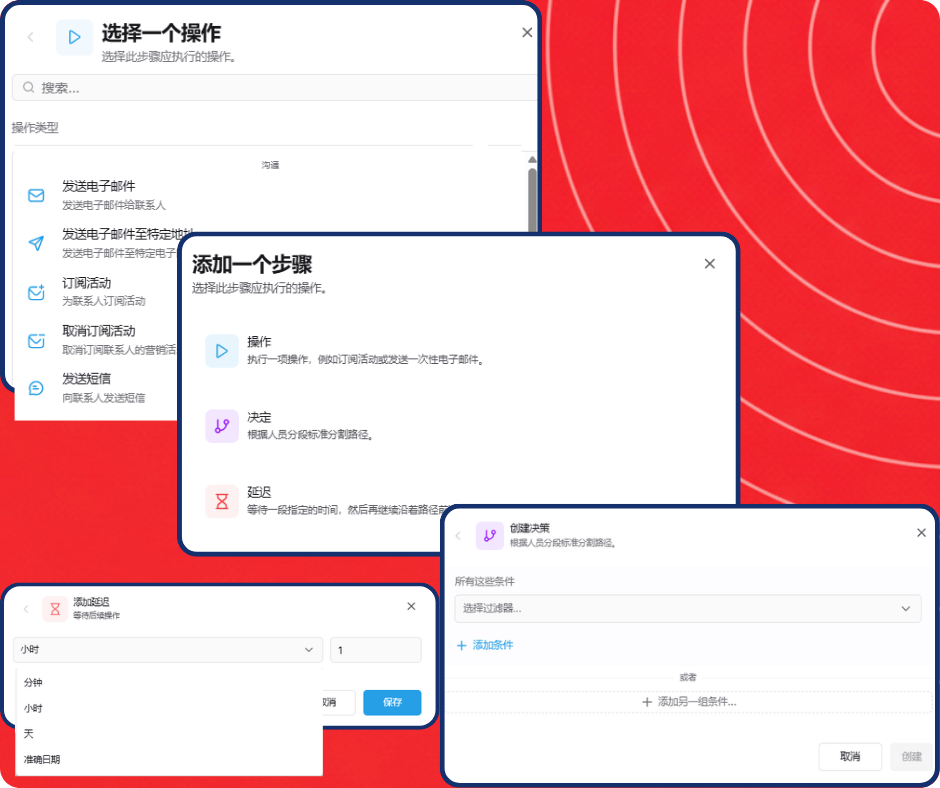 Visual workflow automation builder in systeme.io showing a funnel where a subscriber receives emails, waits, and is routed through different paths based on their actions.