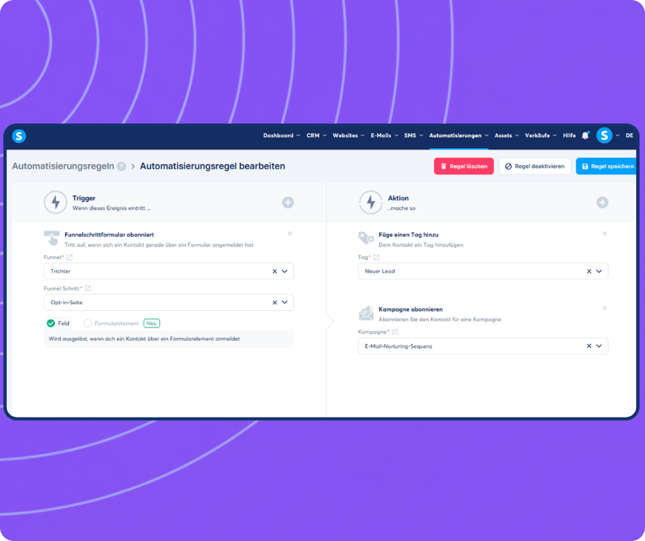 systeme.io automation builder showing trigger-based workflow to tag new leads and subscribe contacts to an email campaign
