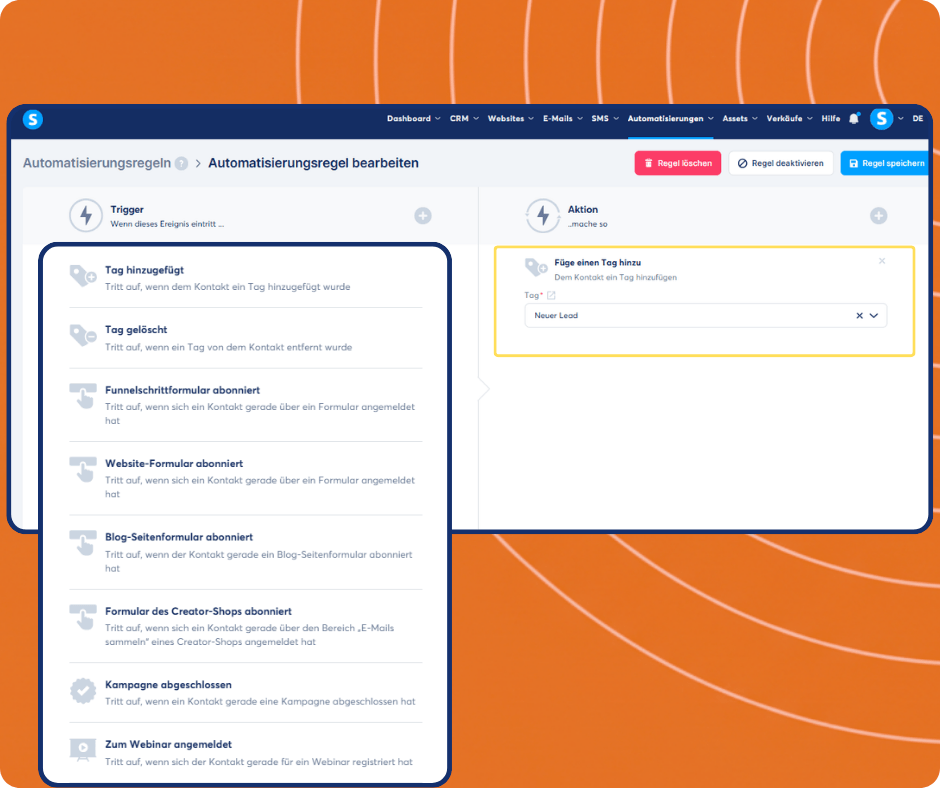 systeme.io automation builder showing trigger selection and tagging workflow to segment contacts and manage leads