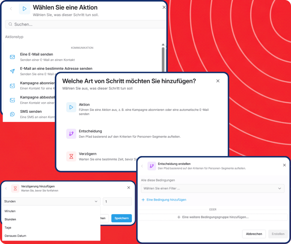 Visual workflow automation builder in systeme.io showing a funnel where a subscriber receives emails, waits, and is routed through different paths based on their actions.