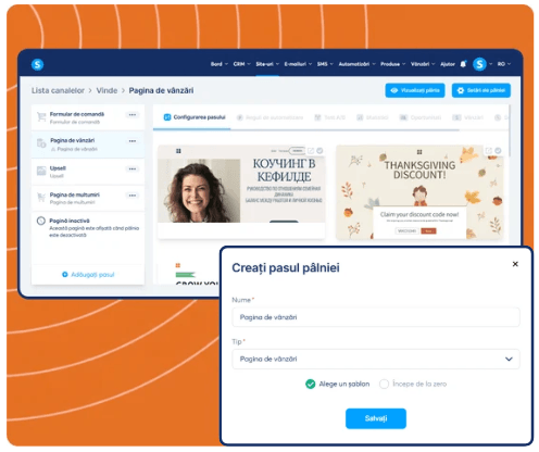 systeme.io funnel builder showing sales funnel steps, page templates, and creating a new sales page step for conversion optimization