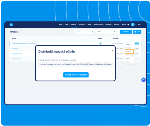 systeme.io funnel dashboard showing funnel list management and share feature with link generation for easy distribution