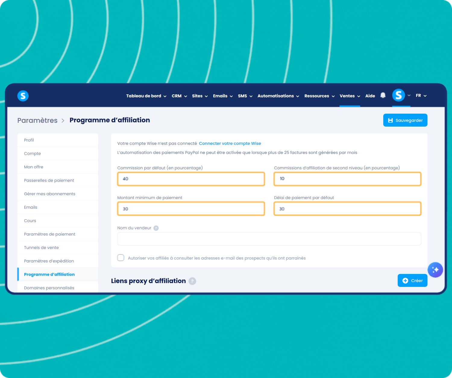 systeme.io affiliate program setup with commission rate and delay settings