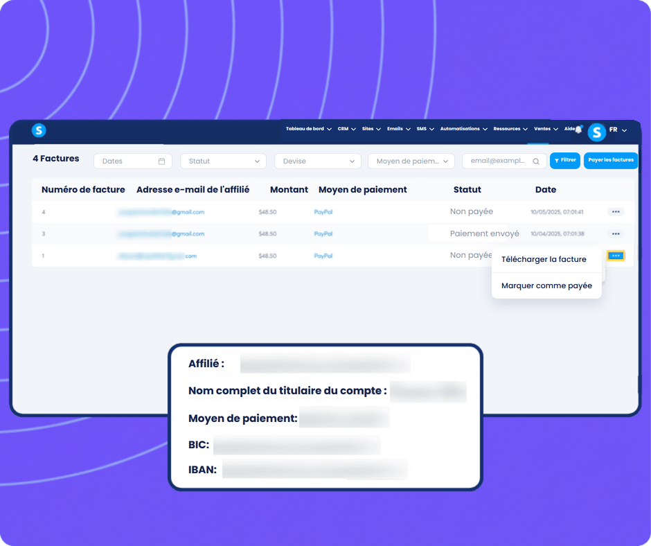 systeme.io affiliate invoice generated automatically on the 10th of each month