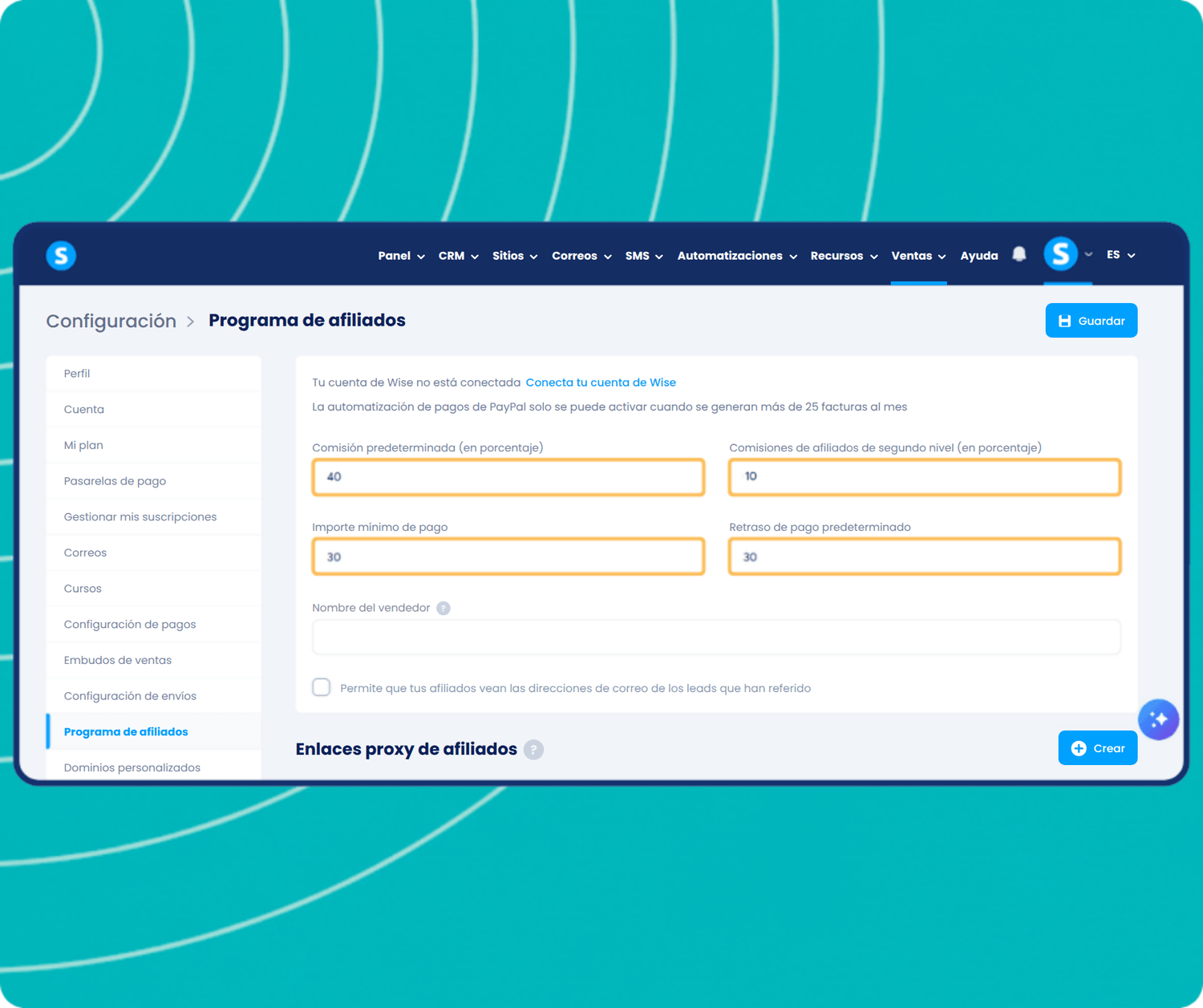 systeme.io affiliate program setup with commission rate and delay settings