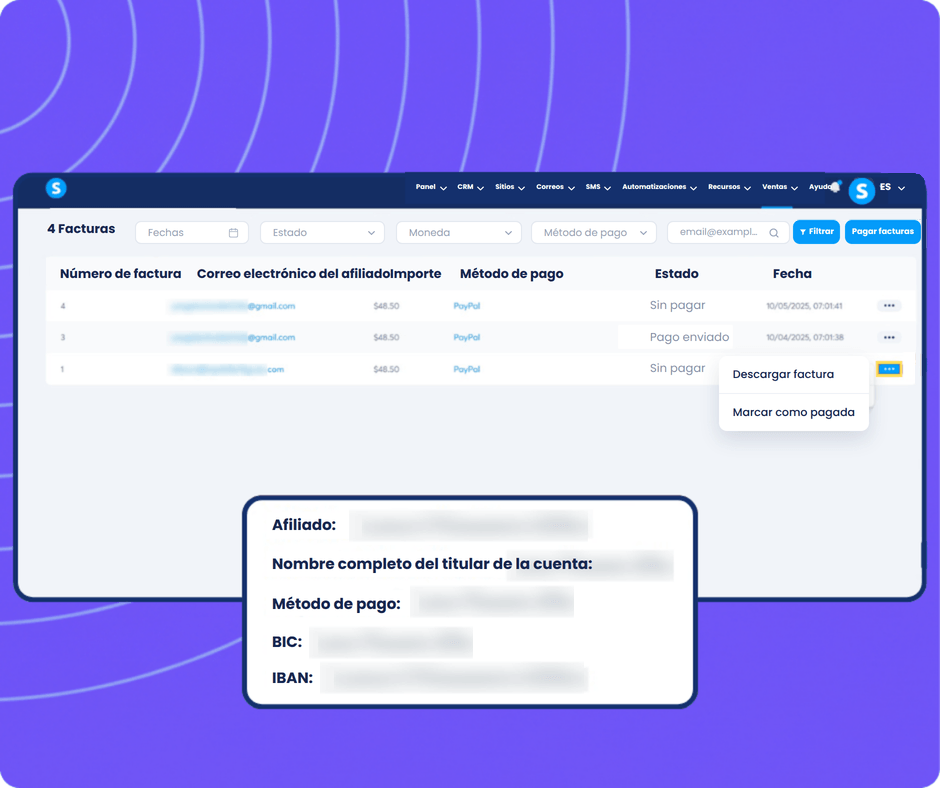 systeme.io affiliate invoice generated automatically on the 10th of each month