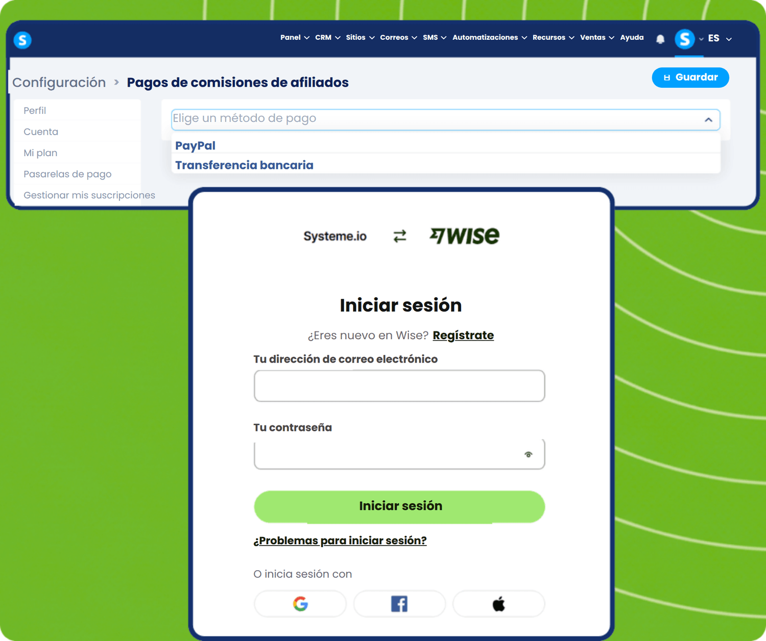 systeme.io affiliate payout via Wise or PayPal 