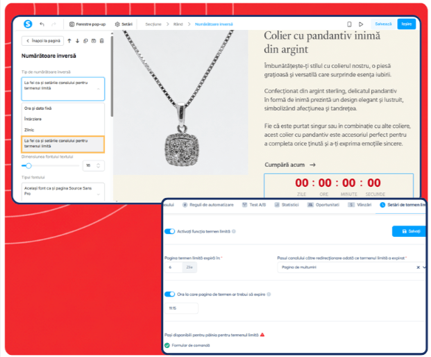 systeme.io funnel builder showing countdown timer settings and deadline configuration for limited-time offers and sales pages