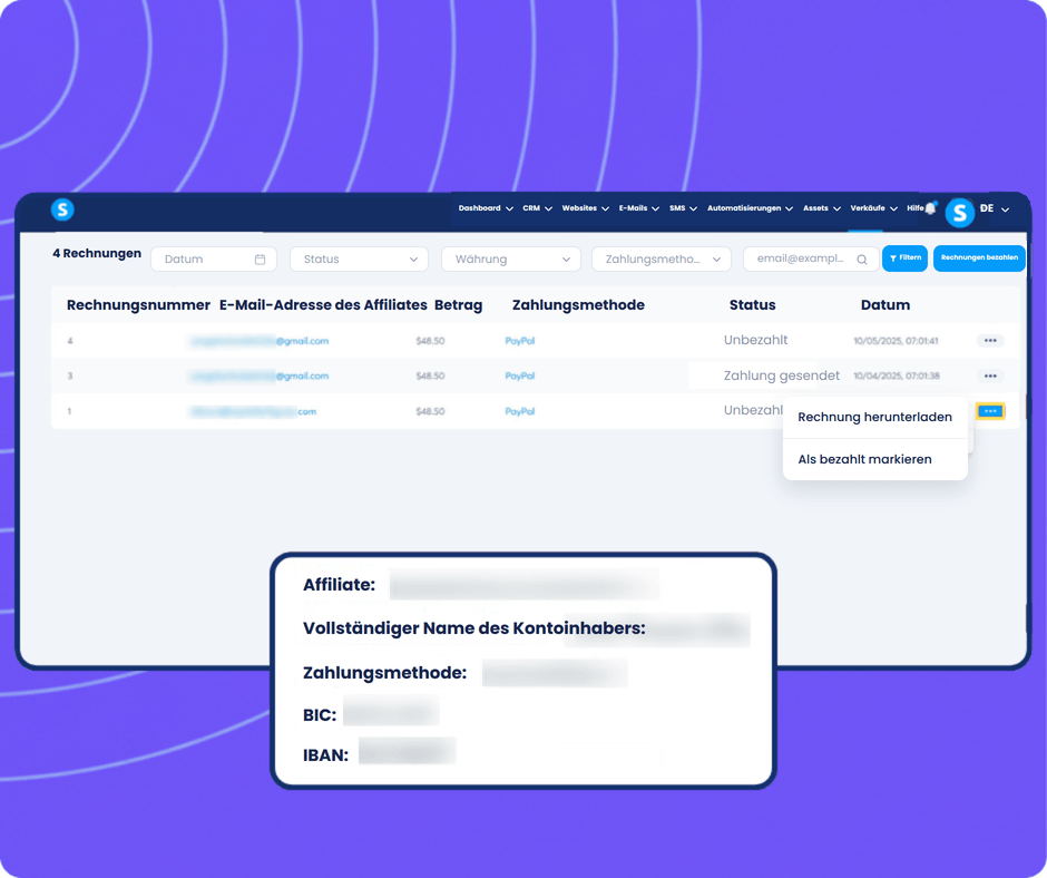 systeme.io affiliate invoice generated automatically on the 10th of each month