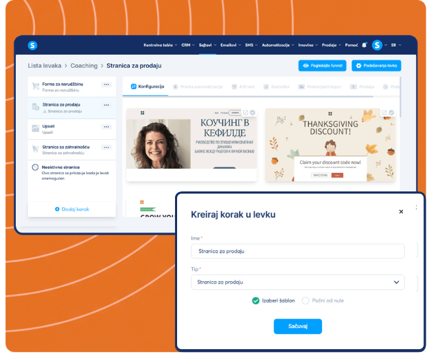 systeme.io funnel builder showing sales funnel steps, page templates, and creating a new sales page step for conversion optimization