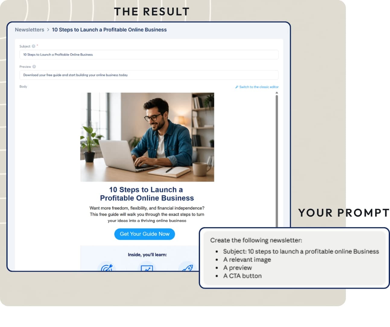 Visual workflow automation builder showing a sequence of steps: form subscription trigger, tagging, sending emails, delay, conditional split based on link click, followed by targeted email actions and lead tagging paths.