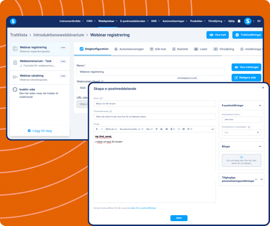 Webinar email editor in systeme.io with funnel step navigation, email content customization, scheduling settings, and automation-based trigger configuration.