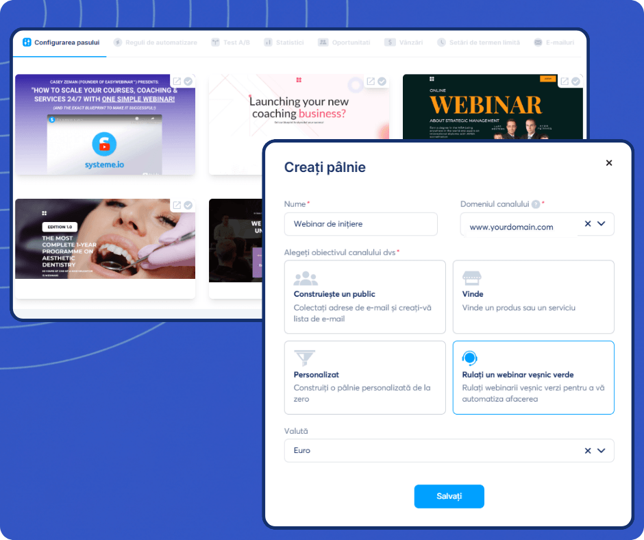 Create funnel interface in systeme.io with goal selection options, domain setup, and template previews for building marketing funnels.