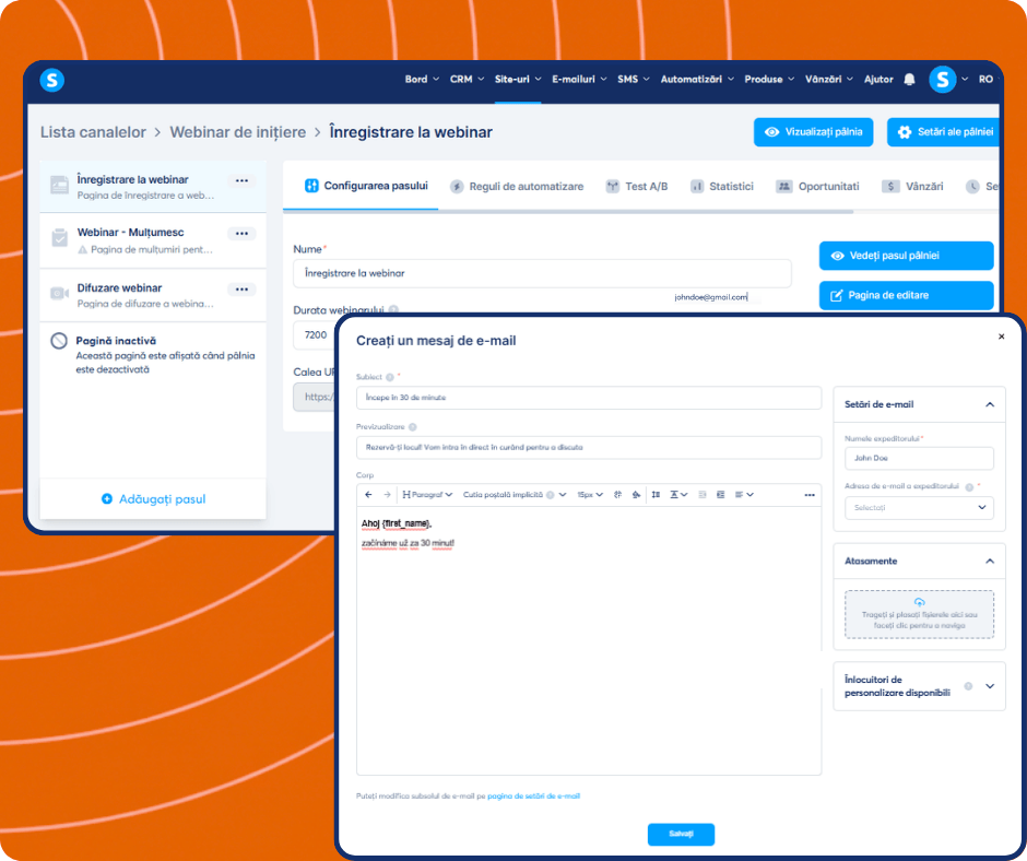 Webinar email editor in systeme.io with funnel step navigation, email content customization, scheduling settings, and automation-based trigger configuration.