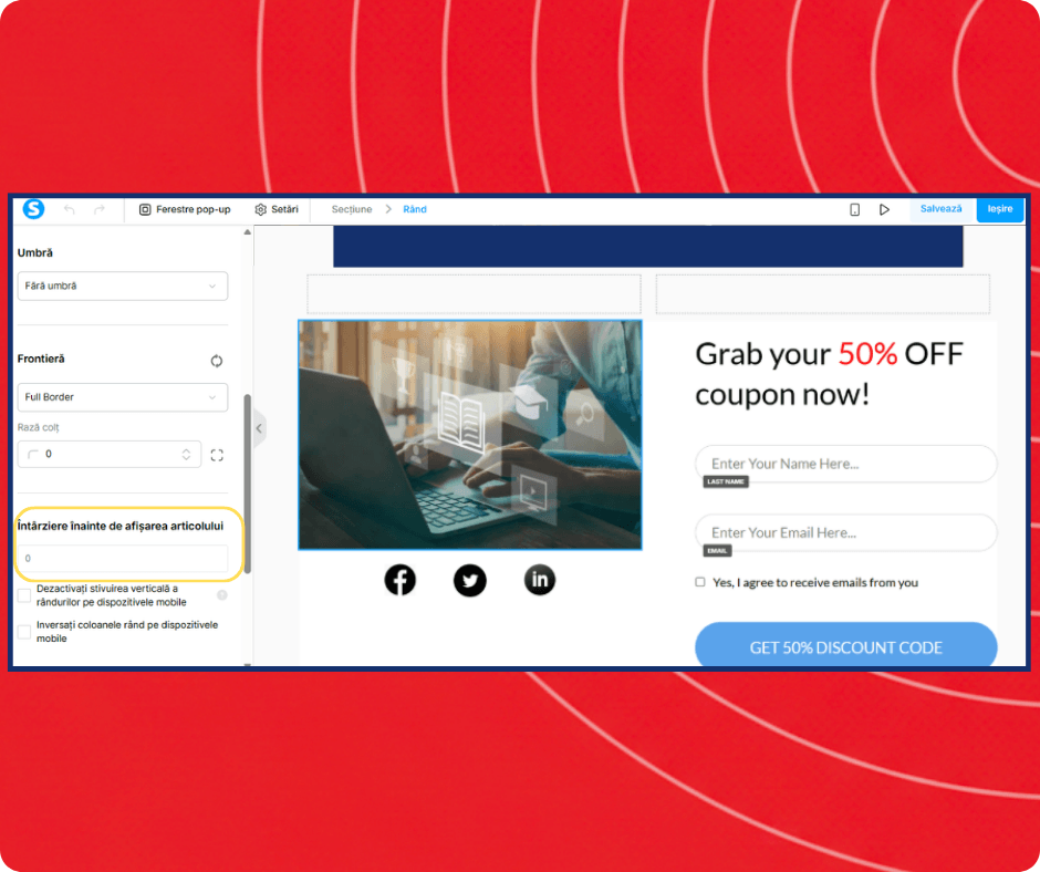 Popup editor in systeme.io with display delay settings, visual customization options, and lead capture form for promoting discounts and collecting emails.
