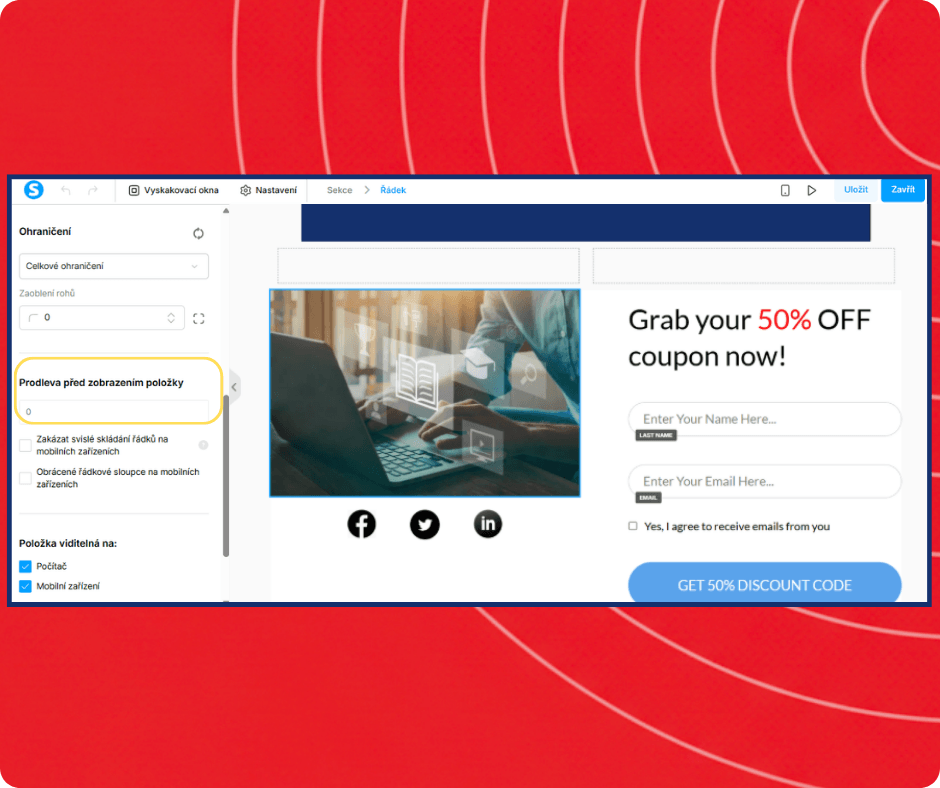 Popup editor in systeme.io with display delay settings, visual customization options, and lead capture form for promoting discounts and collecting emails.