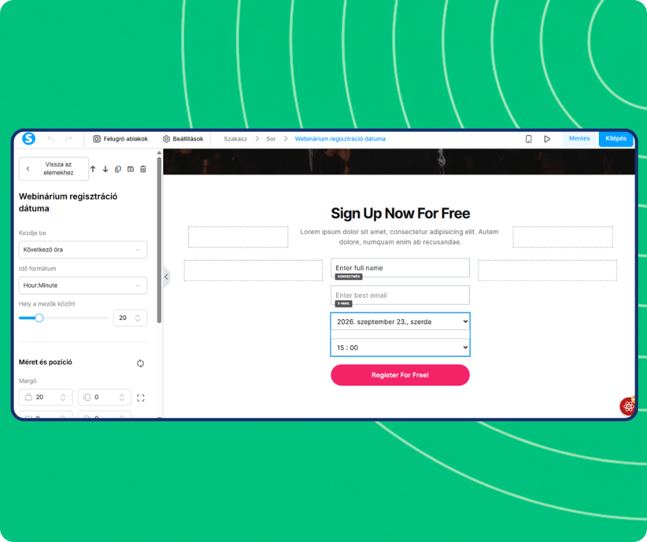 Webinar registration date editor in systeme.io with scheduled session selection, time formatting options, and customizable registration form for capturing attendee details.