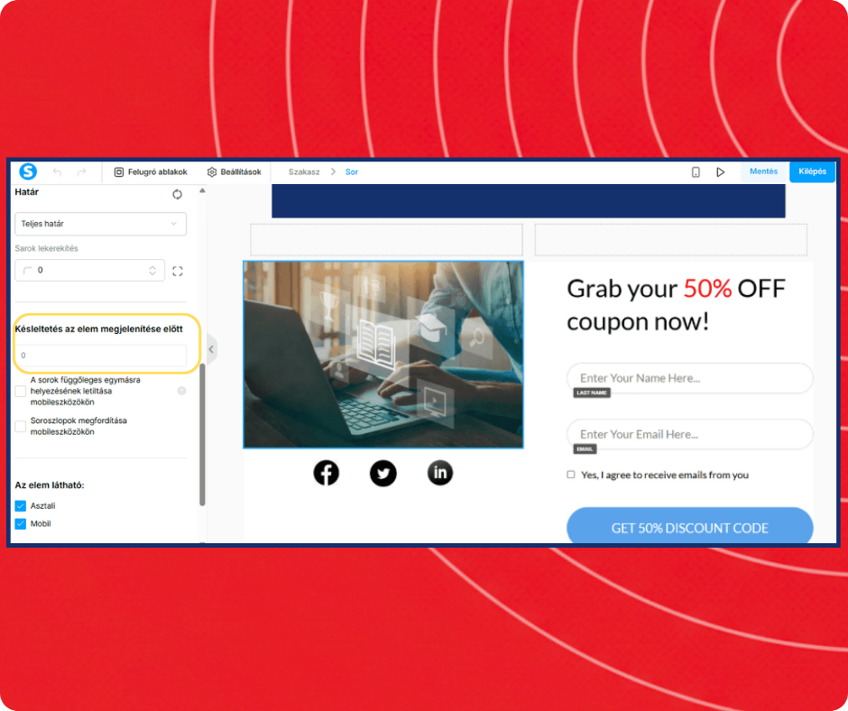 Popup editor in systeme.io with display delay settings, visual customization options, and lead capture form for promoting discounts and collecting emails.