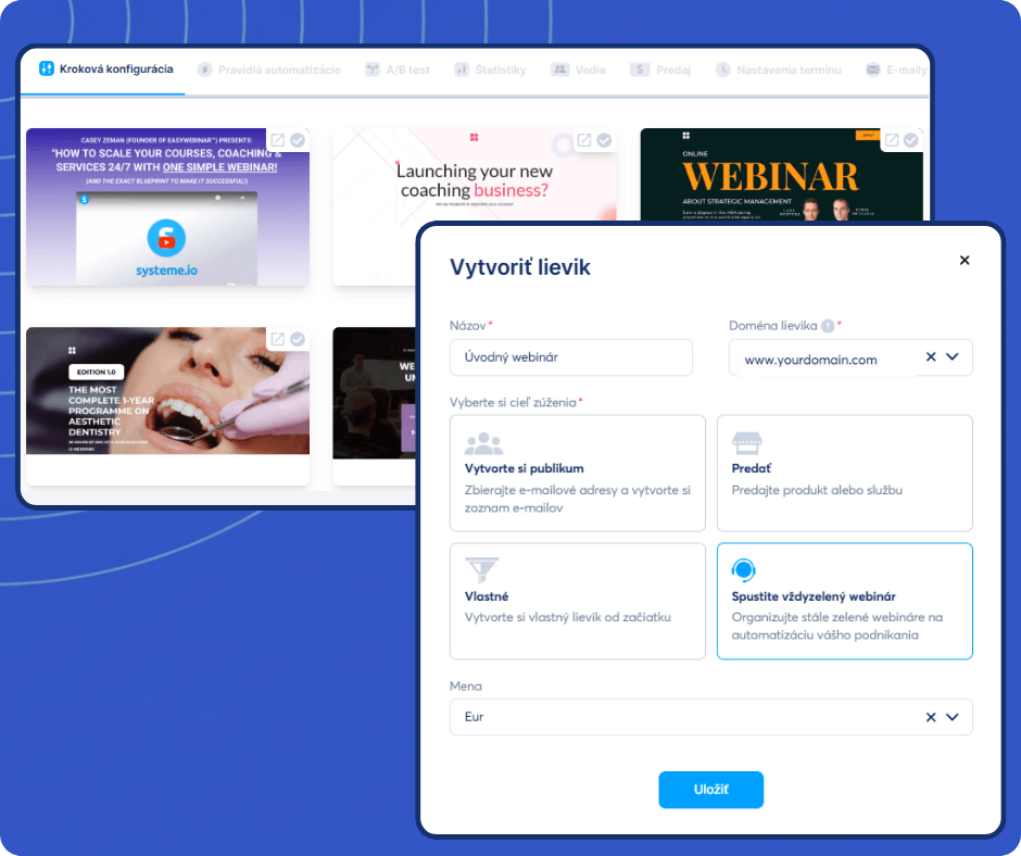Create funnel interface in systeme.io with goal selection options, domain setup, and template previews for building marketing funnels.