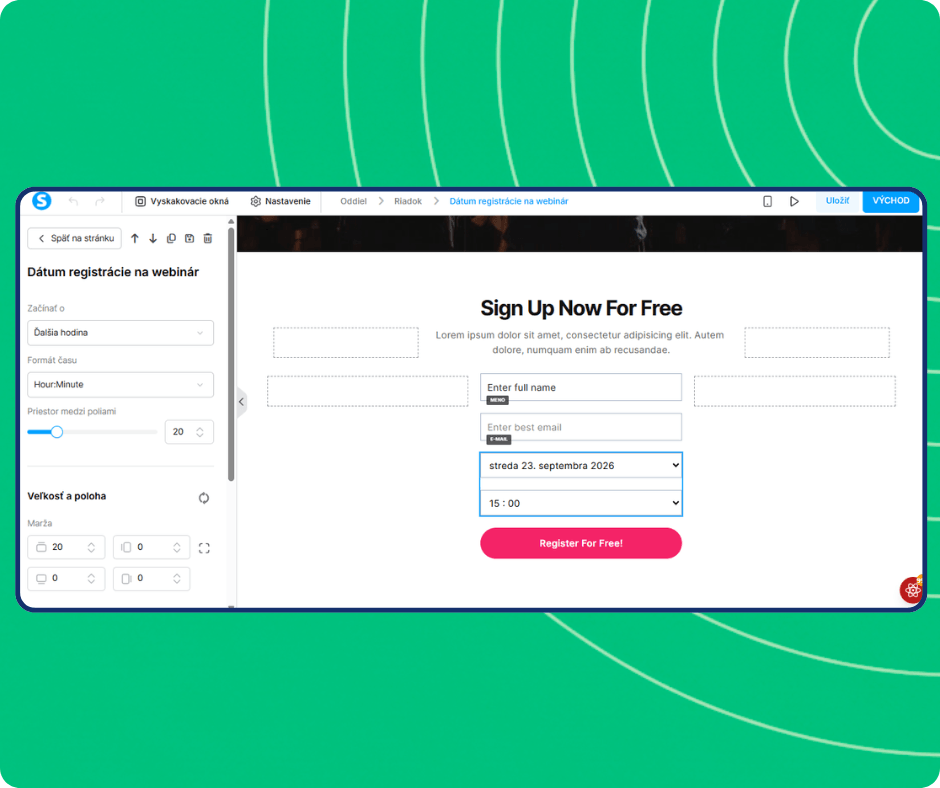 Webinar registration date editor in systeme.io with scheduled session selection, time formatting options, and customizable registration form for capturing attendee details.