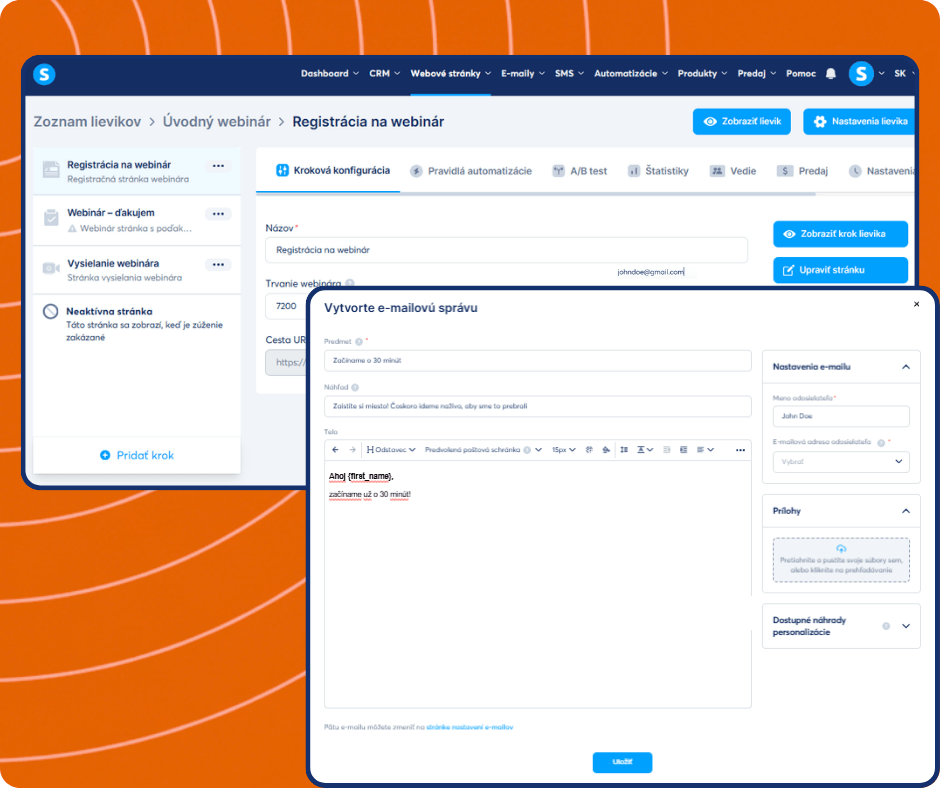 Webinar email editor in systeme.io with funnel step navigation, email content customization, scheduling settings, and automation-based trigger configuration.