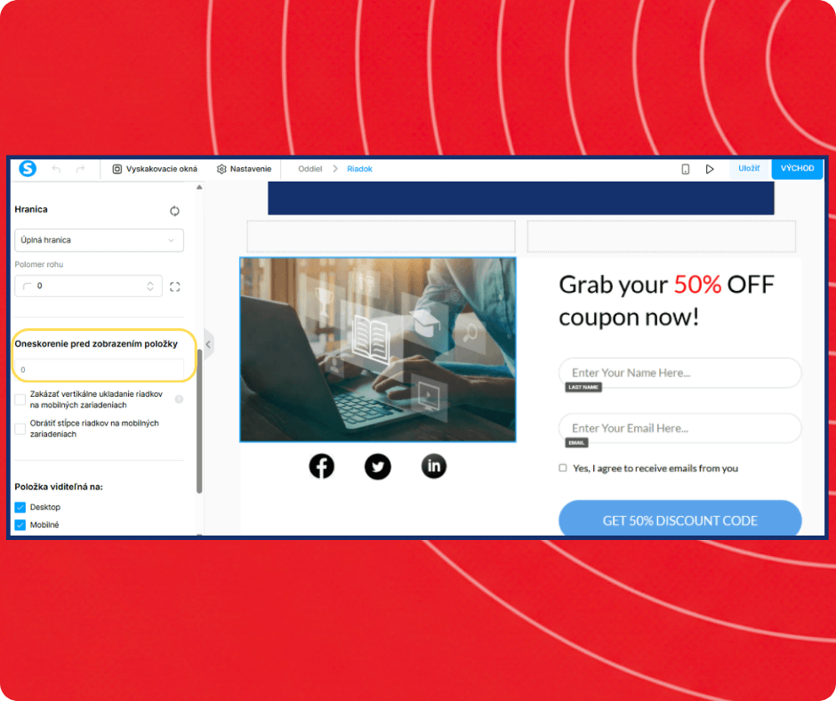 Popup editor in systeme.io with display delay settings, visual customization options, and lead capture form for promoting discounts and collecting emails.
