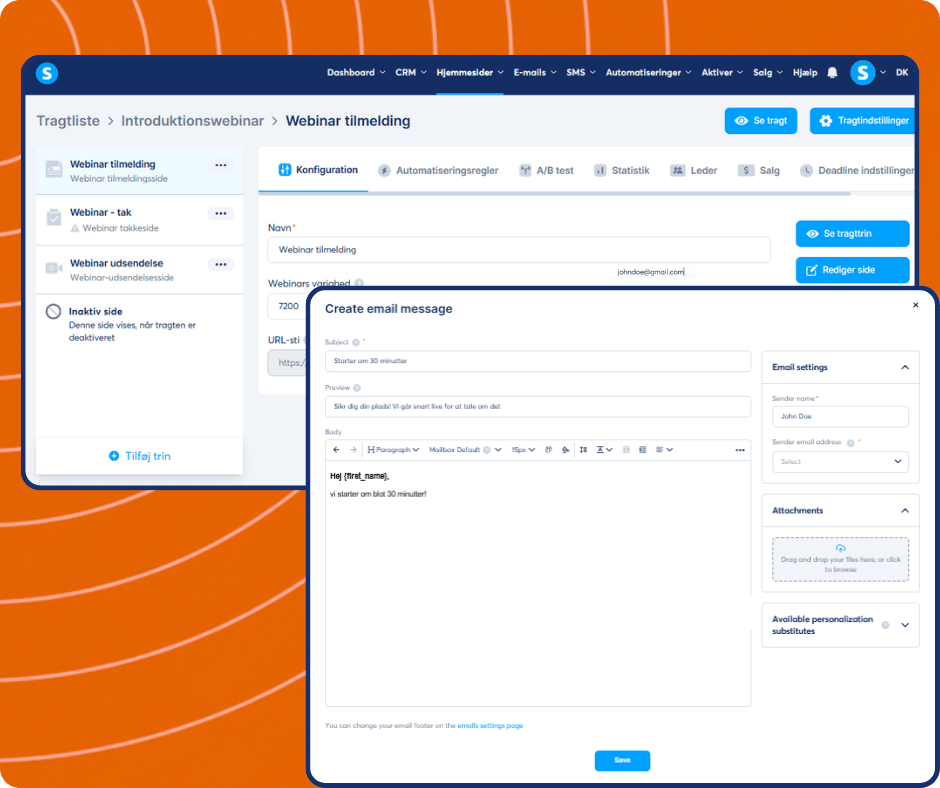 Webinar email editor in systeme.io with funnel step navigation, email content customization, scheduling settings, and automation-based trigger configuration.