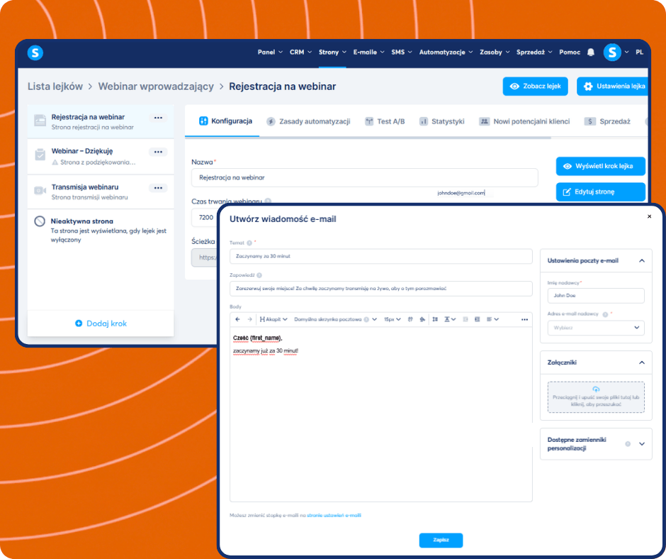 Webinar email editor in systeme.io with funnel step navigation, email content customization, scheduling settings, and automation-based trigger configuration.