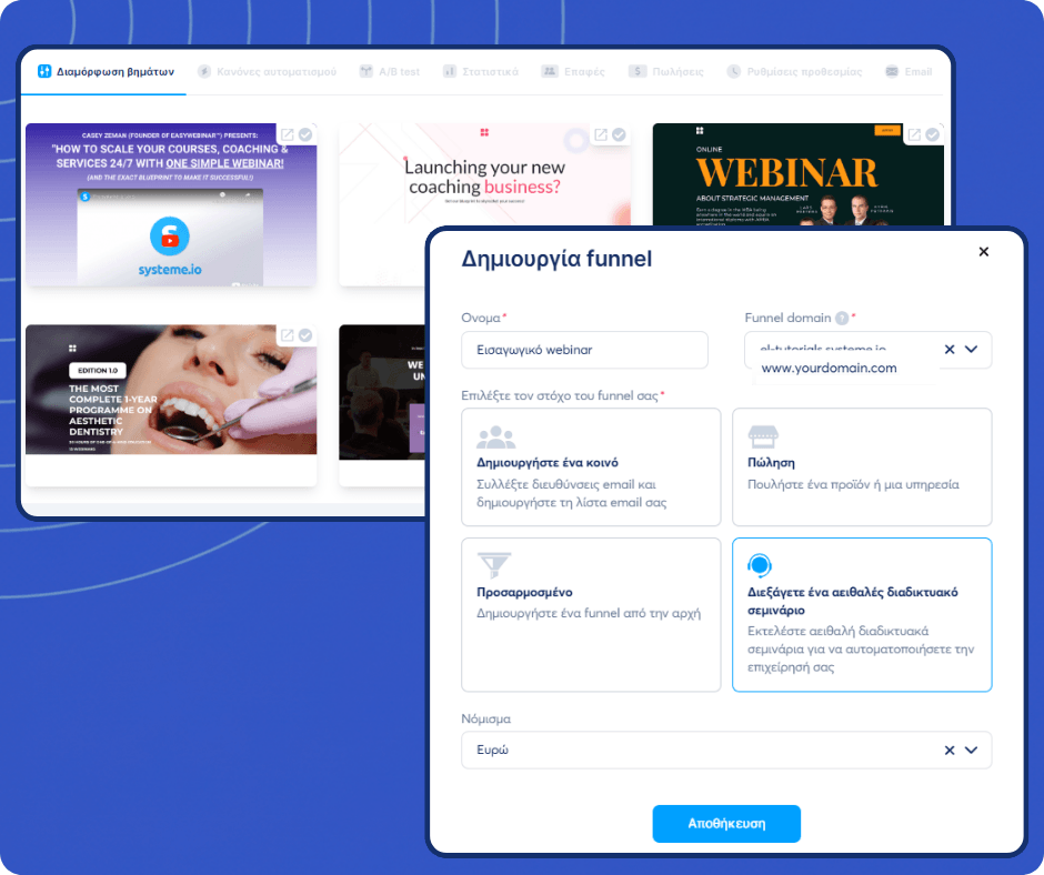 Create funnel interface in systeme.io with goal selection options, domain setup, and template previews for building marketing funnels.