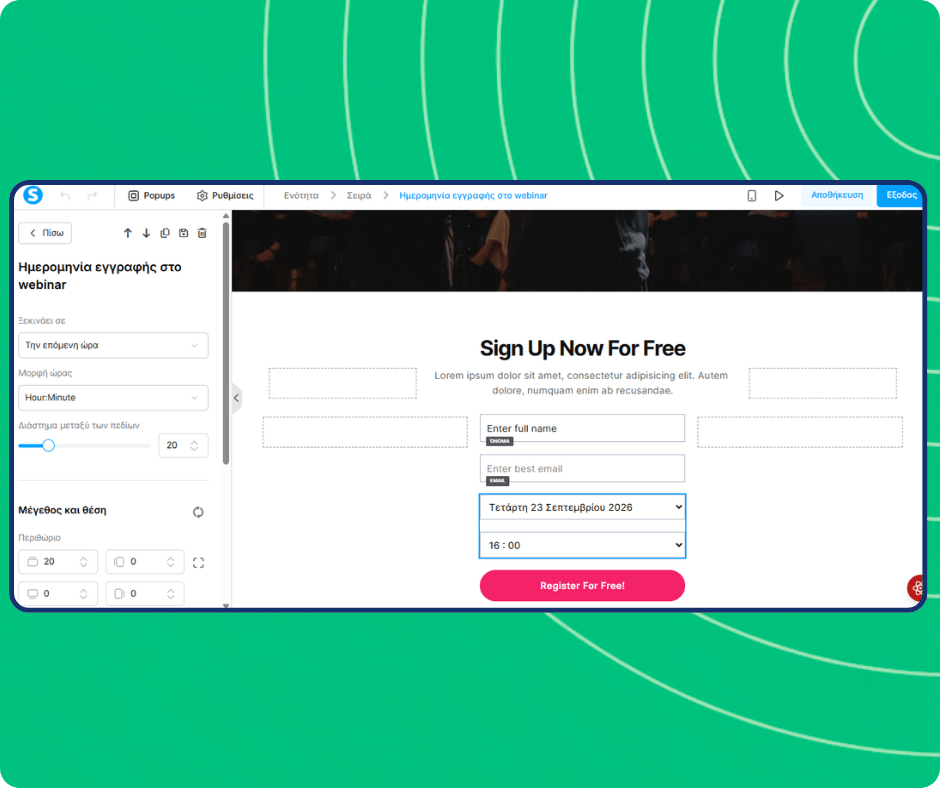 Webinar registration date editor in systeme.io with scheduled session selection, time formatting options, and customizable registration form for capturing attendee details.