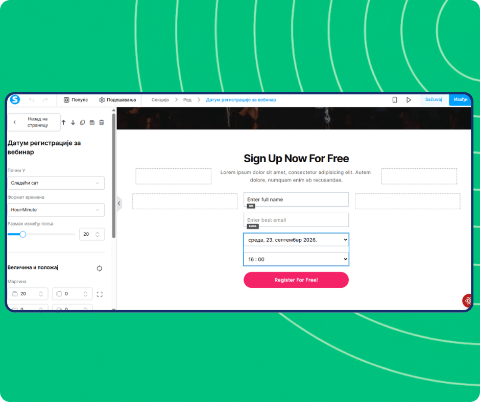 Webinar registration date editor in systeme.io with scheduled session selection, time formatting options, and customizable registration form for capturing attendee details.