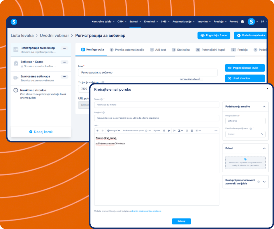 Webinar email editor in systeme.io with funnel step navigation, email content customization, scheduling settings, and automation-based trigger configuration.